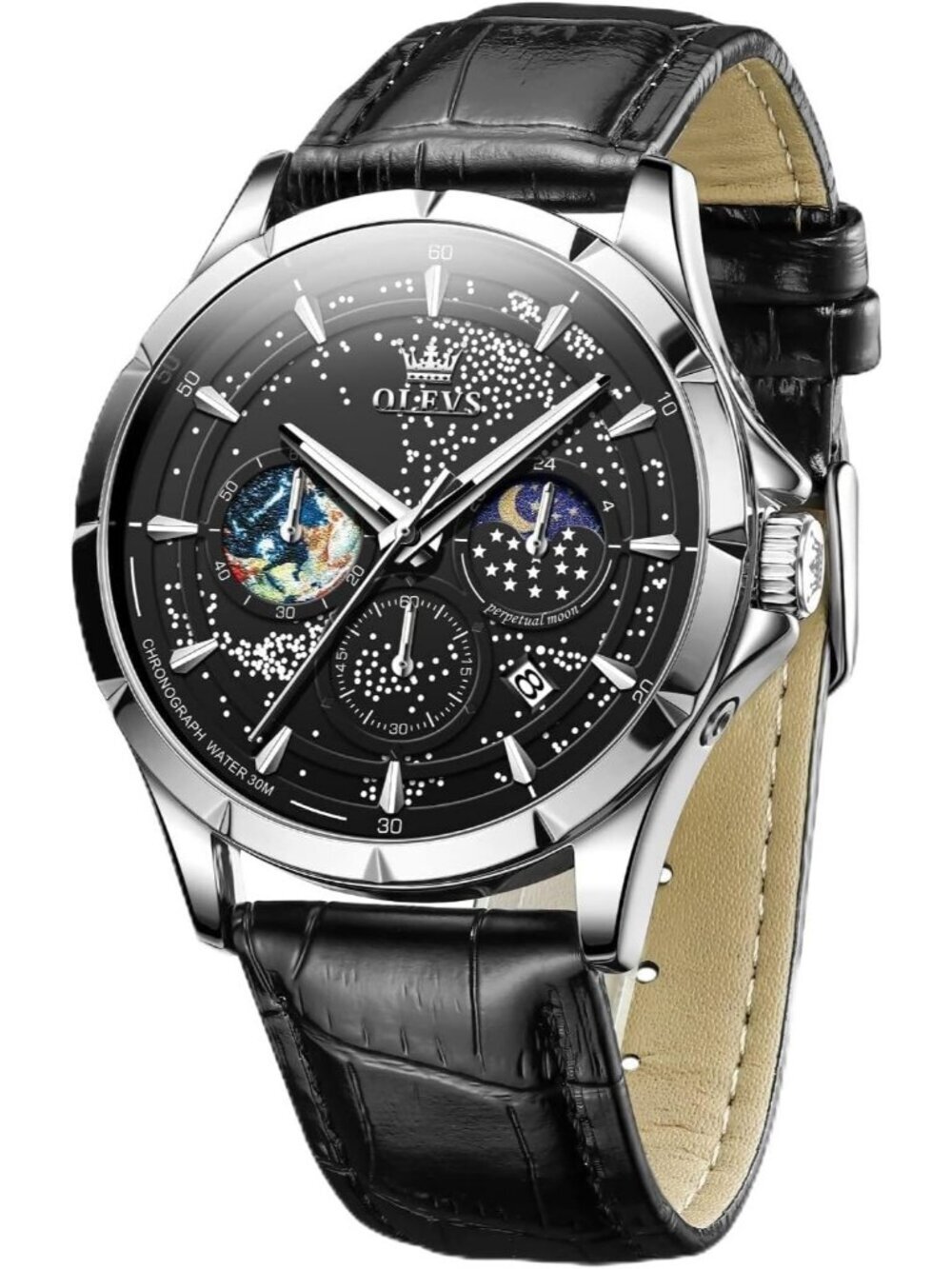 Men's Black Strap Black Dial Starry Sky Moon Phase Dial Luxury Analog Wristwatch